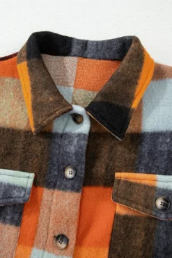 Sale Dear-Lover Plaid Print Flap Pocket Long Jacket Orange