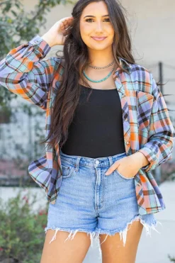 New Dear-Lover Plaid Print Loose Vintage Shirt Orange