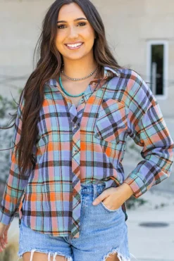 New Dear-Lover Plaid Print Loose Vintage Shirt Orange