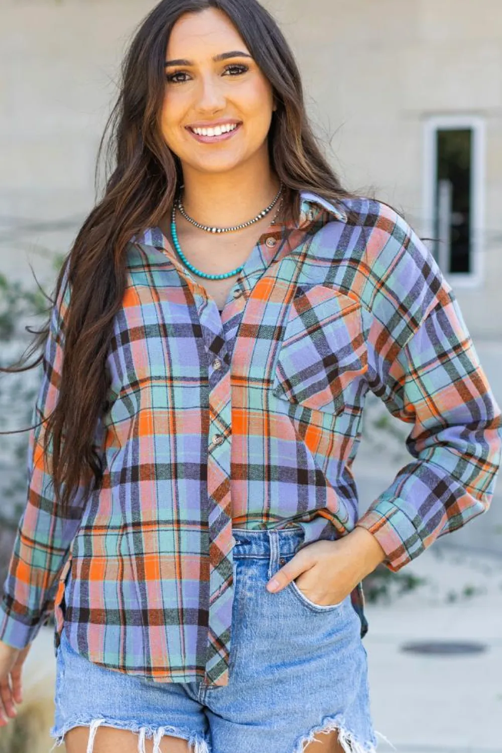 New Dear-Lover Plaid Print Loose Vintage Shirt Orange