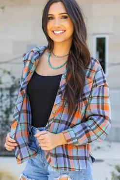 New Dear-Lover Plaid Print Loose Vintage Shirt Orange