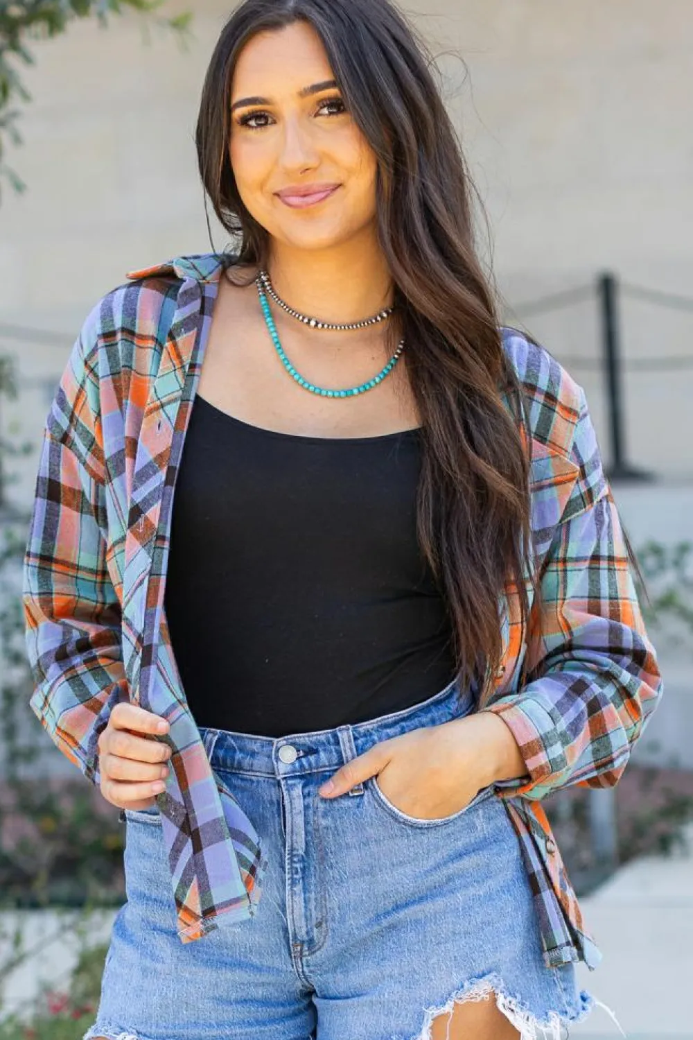 New Dear-Lover Plaid Print Loose Vintage Shirt Orange