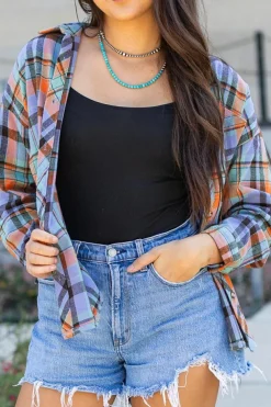 New Dear-Lover Plaid Print Loose Vintage Shirt Orange