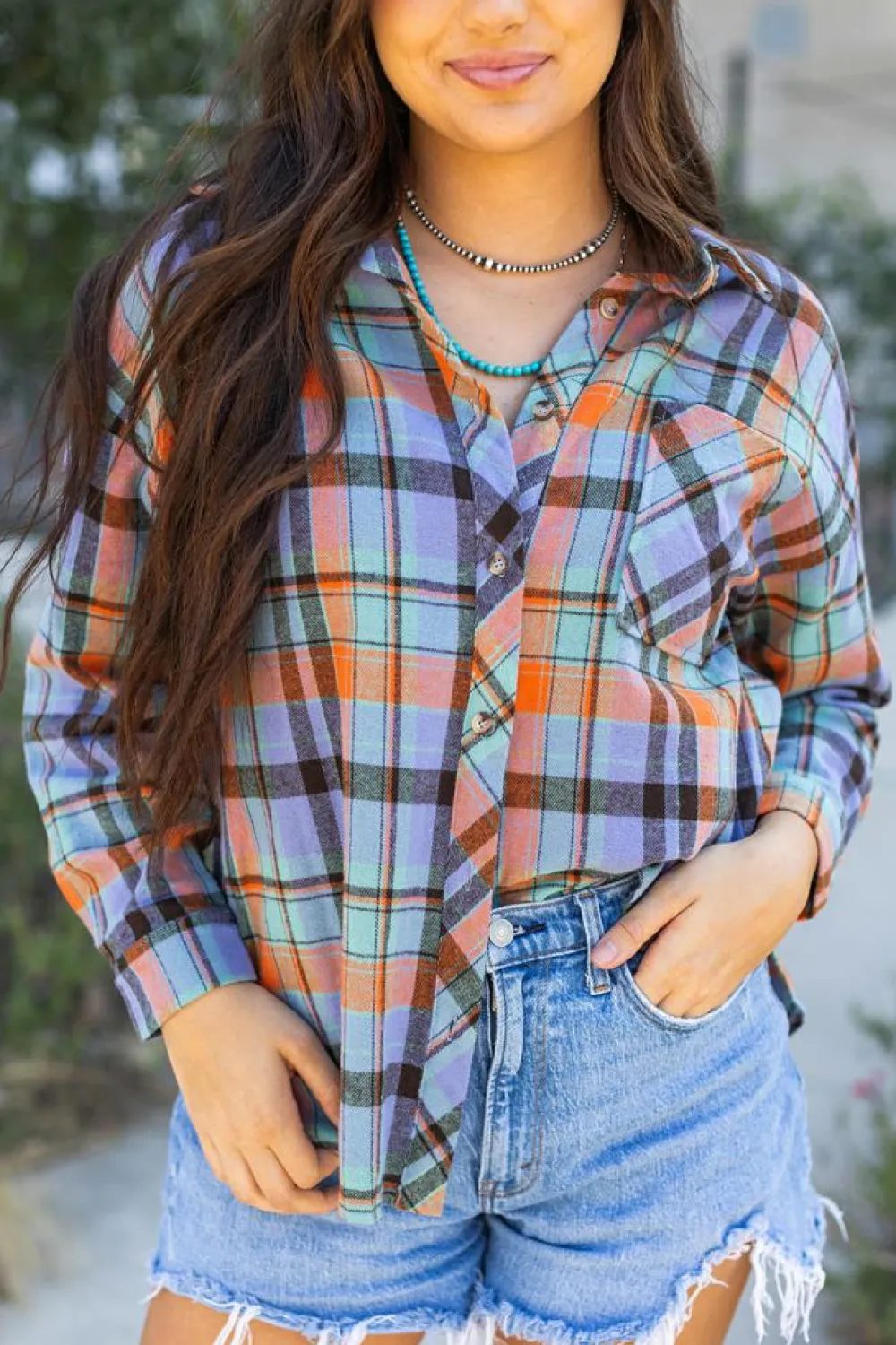 New Dear-Lover Plaid Print Loose Vintage Shirt Orange
