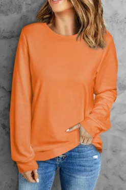 Outlet Dear-Lover Plain Crew Neck Long Sleeve Top Orange