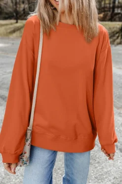 Online Dear-Lover Plain Drop Shoulder Crewneck Pullover Sweatshirt Orange