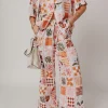 Clearance Dear-Lover Plant Checkered Print Collared Shirt and Wide Leg Pants Set Orange