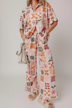 Clearance Dear-Lover Plant Checkered Print Collared Shirt and Wide Leg Pants Set Orange