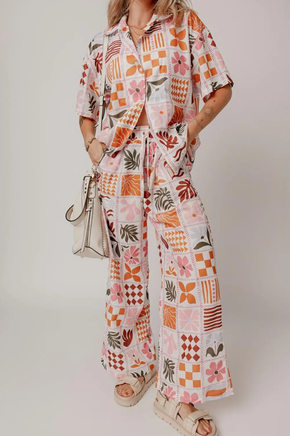 Clearance Dear-Lover Plant Checkered Print Collared Shirt and Wide Leg Pants Set Orange