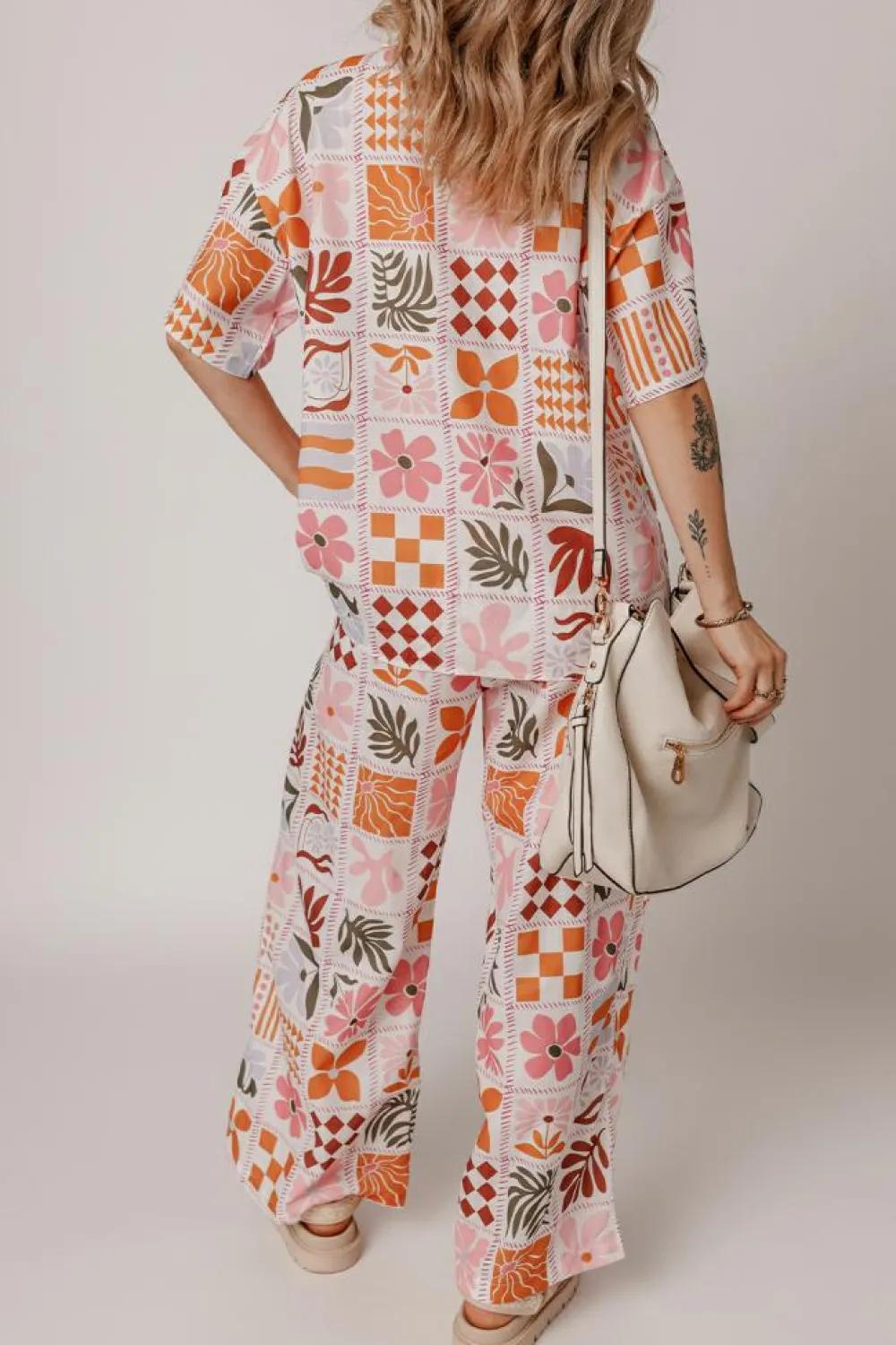 Clearance Dear-Lover Plant Checkered Print Collared Shirt and Wide Leg Pants Set Orange