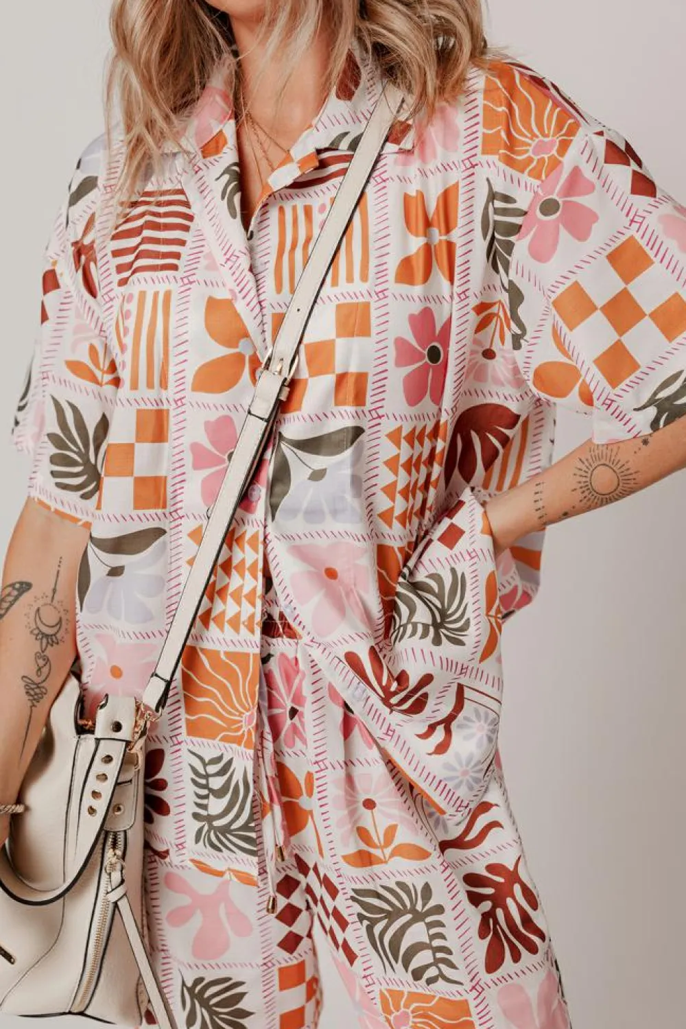 Clearance Dear-Lover Plant Checkered Print Collared Shirt and Wide Leg Pants Set Orange