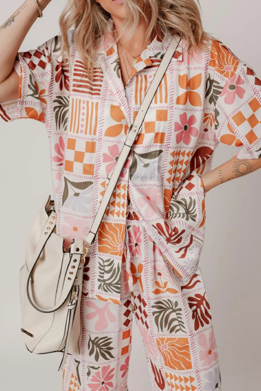 Clearance Dear-Lover Plant Checkered Print Collared Shirt and Wide Leg Pants Set Orange