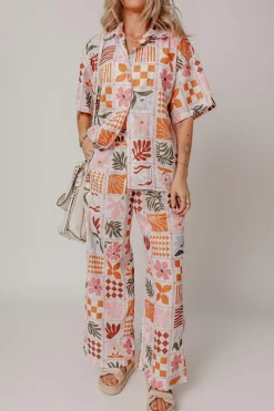 Clearance Dear-Lover Plant Checkered Print Collared Shirt and Wide Leg Pants Set Orange