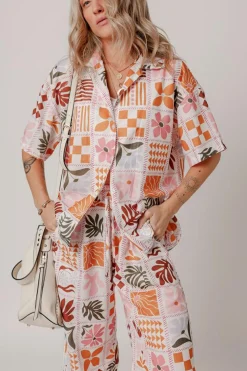 Clearance Dear-Lover Plant Checkered Print Collared Shirt and Wide Leg Pants Set Orange