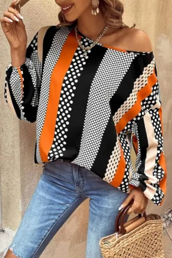 Sale Dear-Lover Polka Dot Vertical Striped Printed Puff Sleeve Blouse Orange