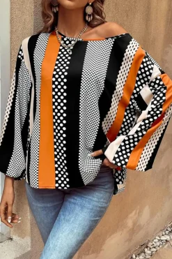 Sale Dear-Lover Polka Dot Vertical Striped Printed Puff Sleeve Blouse Orange