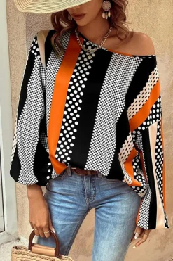 Sale Dear-Lover Polka Dot Vertical Striped Printed Puff Sleeve Blouse Orange
