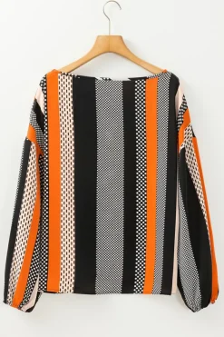 Sale Dear-Lover Polka Dot Vertical Striped Printed Puff Sleeve Blouse Orange