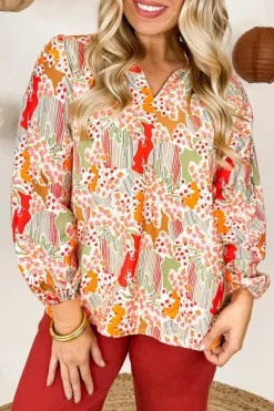Hot Dear-Lover Split V Neck Puff Sleeve Blouse Orange Printed