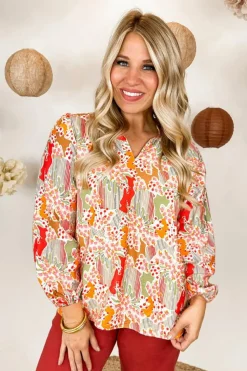 Hot Dear-Lover Split V Neck Puff Sleeve Blouse Orange Printed