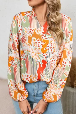 Hot Dear-Lover Split V Neck Puff Sleeve Blouse Orange Printed