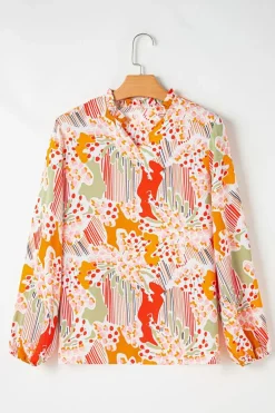 Hot Dear-Lover Split V Neck Puff Sleeve Blouse Orange Printed