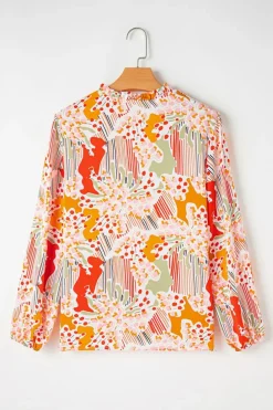 Hot Dear-Lover Split V Neck Puff Sleeve Blouse Orange Printed