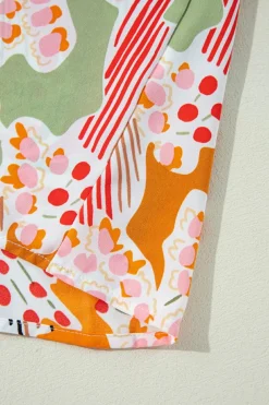 Hot Dear-Lover Split V Neck Puff Sleeve Blouse Orange Printed
