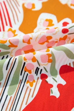 Hot Dear-Lover Split V Neck Puff Sleeve Blouse Orange Printed