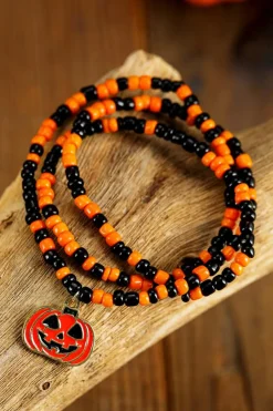Fashion Dear-Lover Pumpkin Face Pendant Rice Beaded Halloween Necklace Orange