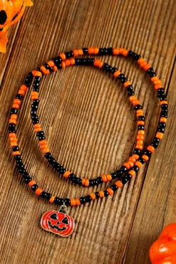 Fashion Dear-Lover Pumpkin Face Pendant Rice Beaded Halloween Necklace Orange