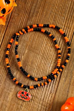 Fashion Dear-Lover Pumpkin Face Pendant Rice Beaded Halloween Necklace Orange