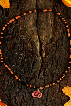 Fashion Dear-Lover Pumpkin Face Pendant Rice Beaded Halloween Necklace Orange