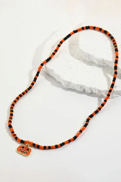 Fashion Dear-Lover Pumpkin Face Pendant Rice Beaded Halloween Necklace Orange