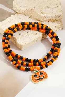 Fashion Dear-Lover Pumpkin Face Pendant Rice Beaded Halloween Necklace Orange