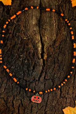 Fashion Dear-Lover Pumpkin Face Pendant Rice Beaded Halloween Necklace Orange