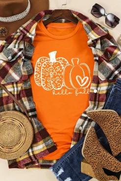 Clearance Dear-Lover Pumpkin Graphic Crew Neck T-shirt Orange