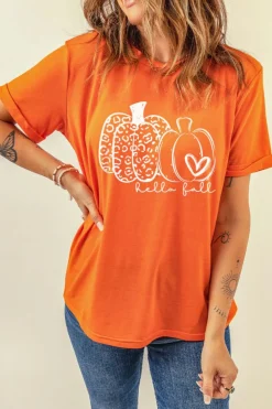 Clearance Dear-Lover Pumpkin Graphic Crew Neck T-shirt Orange