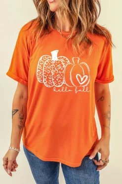 Clearance Dear-Lover Pumpkin Graphic Crew Neck T-shirt Orange
