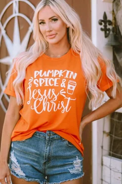 Fashion Dear-Lover PUMPKIN SPICE & Jesus Christ Graphic T-shirt Orange