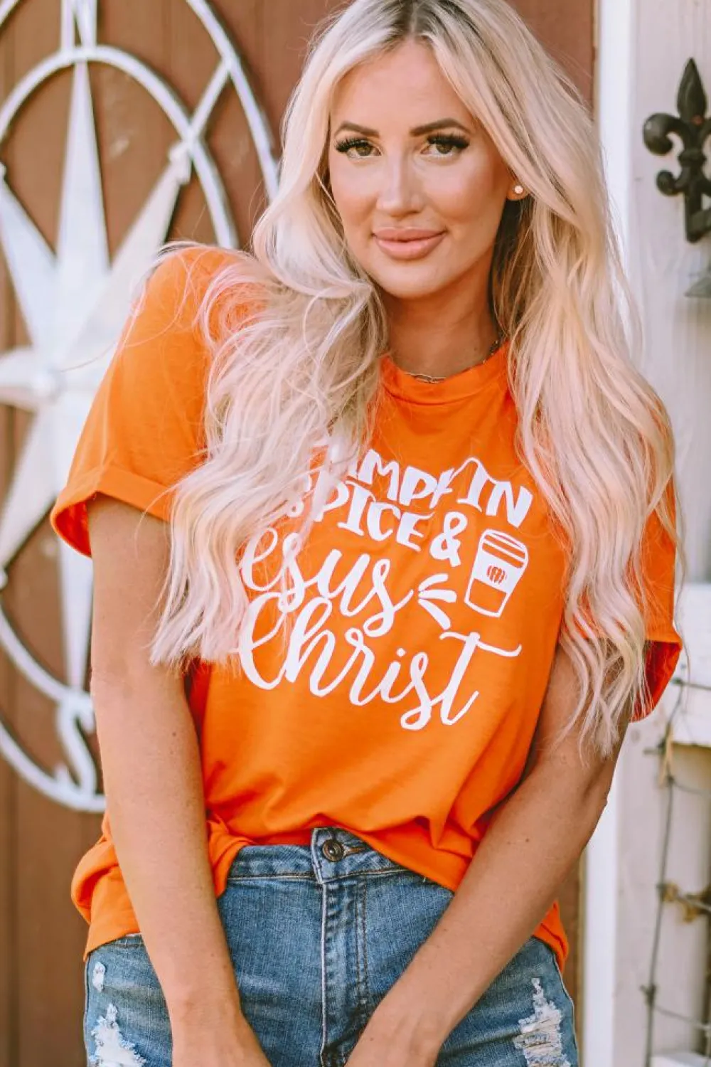 Fashion Dear-Lover PUMPKIN SPICE & Jesus Christ Graphic T-shirt Orange