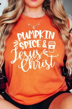 Fashion Dear-Lover PUMPKIN SPICE & Jesus Christ Graphic T-shirt Orange