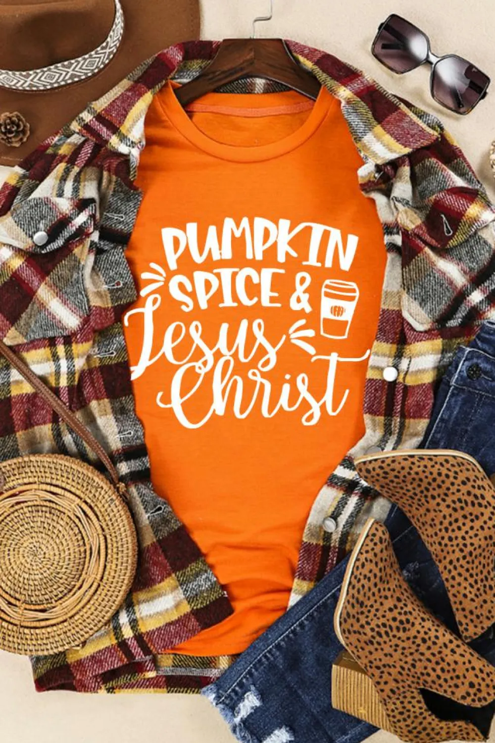 Fashion Dear-Lover PUMPKIN SPICE & Jesus Christ Graphic T-shirt Orange