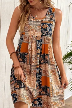 Clearance Dear-Lover Retro Floral Patchwork Print Sleeveless Mini Dress Orange