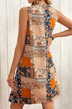 Clearance Dear-Lover Retro Floral Patchwork Print Sleeveless Mini Dress Orange