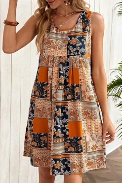 Clearance Dear-Lover Retro Floral Patchwork Print Sleeveless Mini Dress Orange