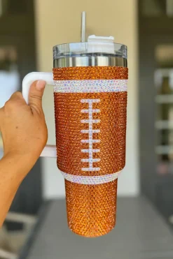 Discount Dear-Lover Rhinestone Rugby Football Handle Vacuum Cup 40oz Orange