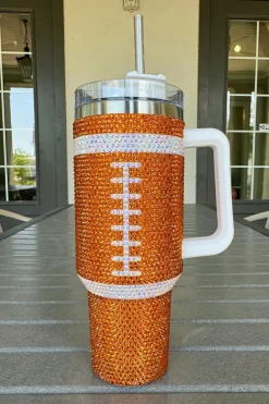 Discount Dear-Lover Rhinestone Rugby Football Handle Vacuum Cup 40oz Orange