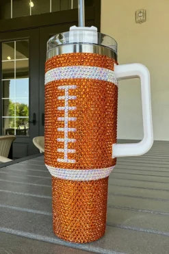 Discount Dear-Lover Rhinestone Rugby Football Handle Vacuum Cup 40oz Orange