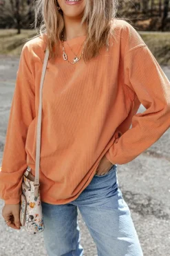 Best Dear-Lover Orange Ribbed Corduroy Oversized Sweatshirt Orange-3